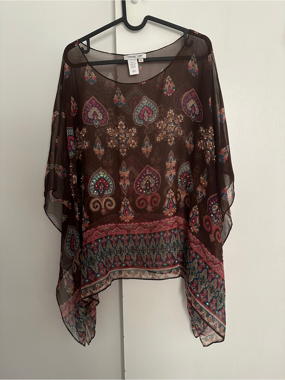 Coldwater Creek sheer blouse brown paisley floral sequin sz 12 100% Silk
